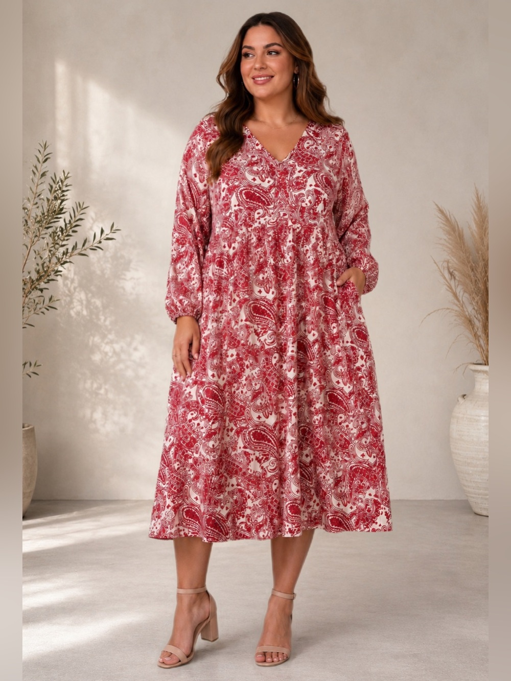 NWT Polagram Paisley Boho
Midi Dress | Burgundy & Ivory I
Pockets | Size 1X